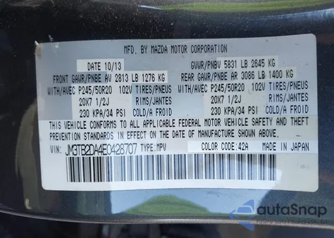 2014 Mazda Cx-9 Grand Touring from USA, damaged, VIN JM3TB2DA4E0428707